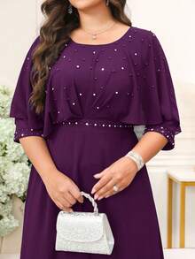 Reflora Plus Size Round Neck Elegant Rhinestone Embellished Waist Cinched Party Dress