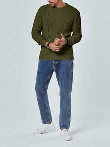 SHEIN Cottnline Men's Casual Basic Modest Everyday Semi Formal Vacation Commute Simple Solid Color Textured Knit Sweater Fall Men Top Olive Green - Army Green - View 5