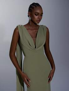 Elitara Elegant Formal Dinner Wedding Guest Olive Green Autumn Evening Party Prom Bridesmaid Maxi Dress Chiffon Draped Neck Rhinestone Fish Tail - Olive Green - View 8