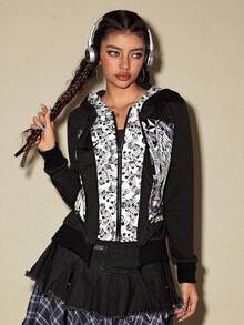 ROMWE Grunge Punk American Music Note & Electric Guitar Print Pullover Sweatshirt For Women - Black - View 6