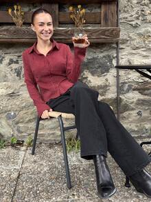 女士条纹印花简约日常长袖衬衫女士衬衫 - 酒紅色 - 查看 5