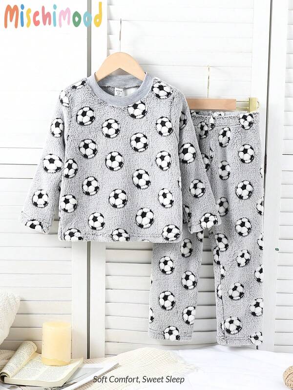 2 قطعة بدلة شتوية مريحة من سروال ولباس علوي بأكمام طويلة للأولاد المراهقين، رسمة كرة القدم بتصميم أنيق وبسيط باللون الرمادي، لارتداء في المنزل