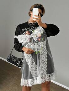 Slaydiva 秋冬新品，音乐节，复活节，生日派对，日常休闲，度假，邮轮旅行，海滩，日光浴，时尚，黑色长袖纯色印花卫衣连衣裙和网纱蕾丝饰边镂空宽松吊带长裙加大码两件套，Y2K 万圣节感恩节 - 黑與白 - 查看 9