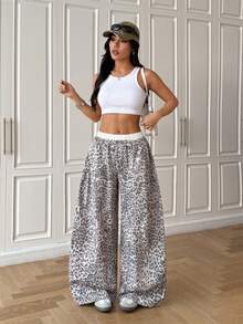 SHEIN EZwear Leopard Women's Casual Loose Fit Leopard Print Wide Leg Pants Cheetah Pants Cheetah Print Bottoms Leopard Pants Loose Pants - Grey - View 3