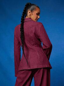 NYA SZN Áo khoác và quần denim kẻ sọc Petra dành cho nữ, áo blazer cổ chữ V khoét sâu, cài cúc, thắt nơ, dáng ôm, ống đứng, cạp cao, trang phục công sở, trang phục thường ngày, trang phục giáo viên, trang phục mùa thu, trang phục lễ hội, ngày Quốc khánh dành cho nữ. - Màu Đỏ Sâu - Xem 2