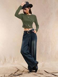 Easelle 女式针织紧身圆领长袖T恤，带孔眼设计 - 軍綠色 - 查看 4