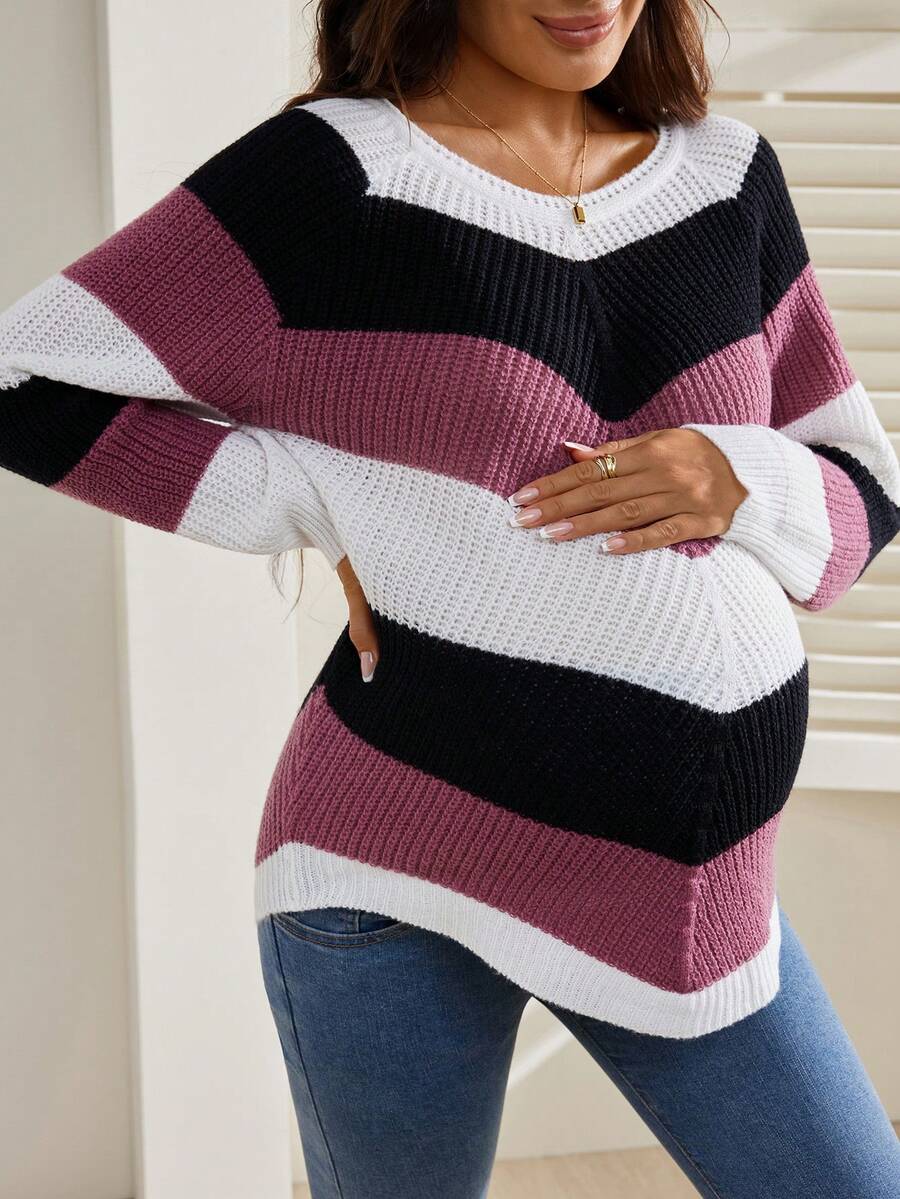 孕妇条纹圆领插肩袖休闲毛衣，秋冬款 - 彩色 - 查看 1