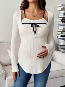 SHEIN Camiseta casual de manga larga, cuello redondo, ajustada y acanalada con bloqueo de color para maternidad - Albaricoque - Ver 1