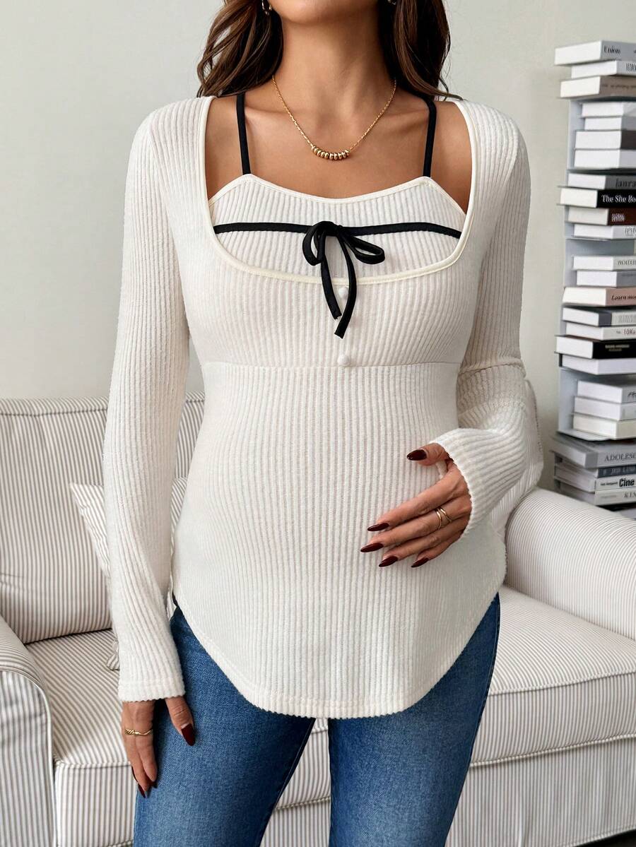 SHEIN Camiseta casual de manga larga, cuello redondo, ajustada y acanalada con bloqueo de color para maternidad - Albaricoque - Ver 1
