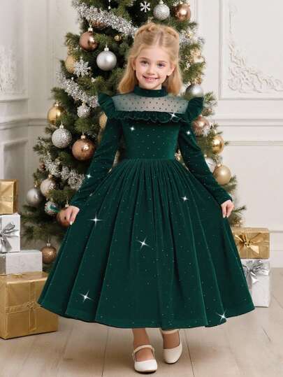 Sparklyn 女孩网眼拼布天鹅绒钻石纹理连衣裙，优雅时尚，适合舞会、节日、公主风格