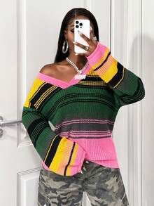 SHEIN BamGlam Suéter holgado de cuello en V con bloques de color para mujer, uso diario casual y de moda - Multicolor - Ver 4