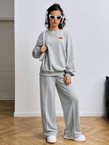 SHEIN Teen Girls 2pcs/Set Loose Fit Grey Crew Neck Knitted Sweatshirt Long Sleeve Top & Wide Leg Pants Casual Homewear Outfit