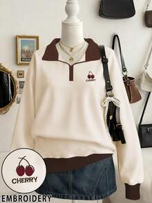 Lalippa Plus Size Casual Cherry Embroidery Drop Shoulder Loose Sweatshirt, Autumn - Multicolor - View 1