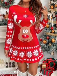 EMERY ROSE Rochie de damă mărime mare, cu imprimeu floral de ren, mânecă lungă și talie strânsă, toamnă/iarnă