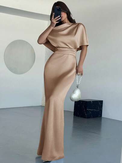 Firerie Women's Elegant Off-The-Shoulder Acetate Satin Mermaid Maxi Dress, Suitable For Parties, Celebrations And Other Occasions/Fall Women Clothes/Party Cocktail Dresses/Elegant And Sexy Nightclub Outfits/Festival Dresses/Dress For Wedding Guests/Wedding Guest Dress Elegant /Church Dress For Women/Date Night Outfits Women/Dating Dresses/,Dresses For Women Elegant