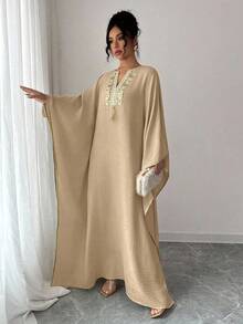 Rafferiza 女式纯色领口装饰长袖连衣裙 - 卡其色 - 查看 6