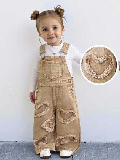 Baby Girl Fringe Heart Khaki Denim Bib Jumpsuit