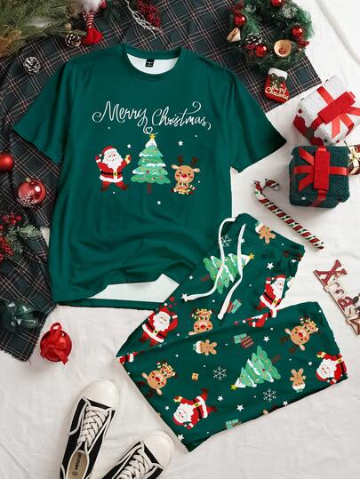 Manfinity Homme Men's Cute Cartoon Christmas Tree Pattern Pajama Set, Men's Loungewear Set, Suitable For Family Gatherings, Couple Dates, Boyfriend Gifts
