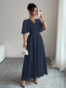 Elenzga New Women's Collared Waist Pleated Chiffon Patchwork Ruffle Sleeve Design Casual Vacation Everyday Elegant Dress - Royal Blue - View 4