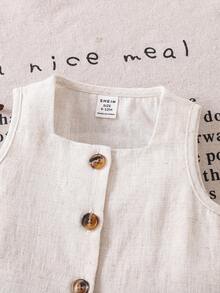 夏季 Babygirl 休闲简约杏色无袖上衣和松紧腰宽松裤套装 - 米色 - 查看 7