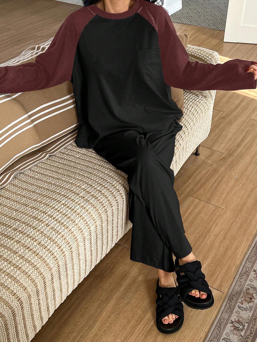 DAZY 2pcs Women Contrast Color Raglan Sleeve Loose Long Sleeve Top And Long Pants Pajama Set - Burgundy - View 1