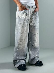 ROMWE MEN Street Life Jeans de mezclilla casual con estampado para hombres - Azul - Ver 4
