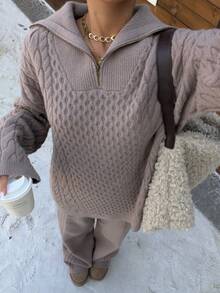 SHEIN EZwear 骆驼女款拉链开衫和裤子两件套 - 駝色 - 查看 6