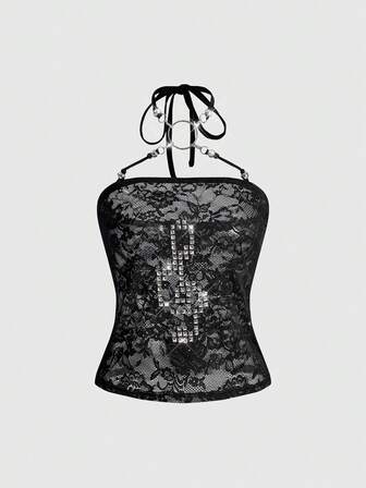 ROMWE Avant Blusa trasparente e sexy con note musicali e borchie, in stile Y2K subcultura, per donne