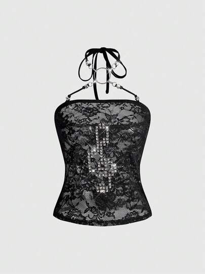 ROMWE Avant Blusa trasparente e sexy con note musicali e borchie, in stile Y2K subcultura, per donne