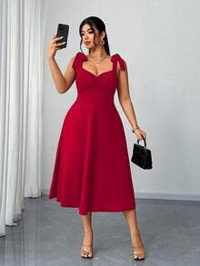Elenzga Plus Size Women's V-Neck Ruched Waist Slit Elegant Romantic Red Party Dress, Spring/Autumn - Red - View 4