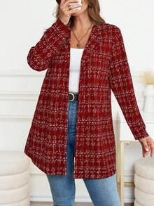 SHEIN Clasi Plus Size Lapel Shoulder Long Sleeve Elegant Plaid Fashion Versatile Jacket - Burgundy - View 1