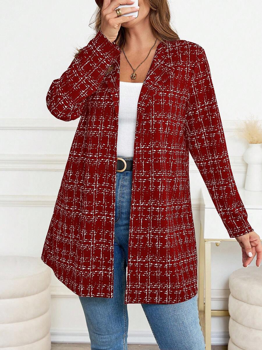 SHEIN Clasi Plus Size Lapel Shoulder Long Sleeve Elegant Plaid Fashion Versatile Jacket - Burgundy - View 1