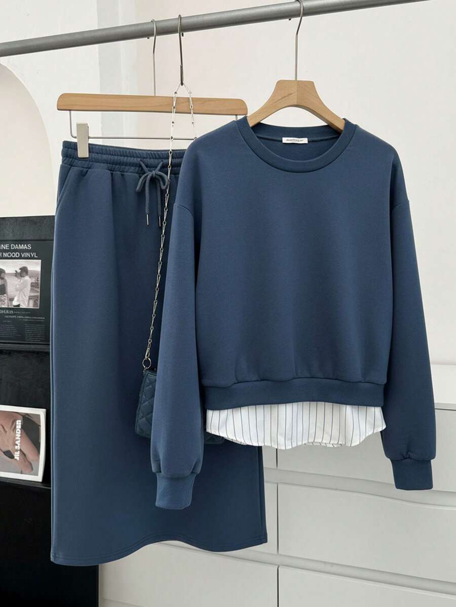 SHEIN LUNE 2pcs Women Casual Sweatshirt & Split Hem Skirt Set - Royal Blue - View 1
