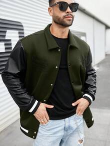 Manfinity LEGND Plus Size Men's Contrast Color Patchwork Front Button Baseball Long Sleeve Jacket - Army Green - View 5