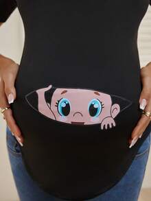 SHEIN Odzież Ciążowa Nadruk kreskówkowy Zakrzywiony brzeg Koszulka