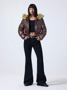 LYSMO Áo khoác ngắn có mũ trùm đầu, cổ lông phủ bóng, đệm lông cho mùa thu/đông - Cà phê nâu - Xem 3