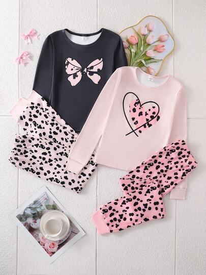 4pcs/Set Girls' Heart & Bow Leopard Print Pink Pajama Set, Long Sleeve Top & Leggings, Comfortable Casual Loungewear