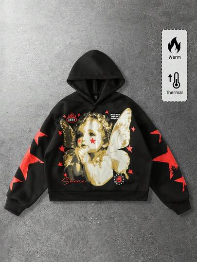 Street Life Sudadera con capucha de corte holgado para hombre con estampado de ángel y estrella