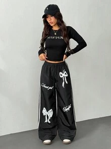 SHEIN PETITE Grunge Goth Summer Sweatpants Woven Floral Print Wide Leg Pants Y2k - Black - View 8