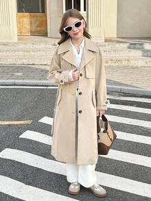 SHEIN Serisse Kids Tween Girl Woven Casual Versatile Fashion Buttoned Collar Belt Bow Pocket Loose Long Windbreaker, Casual Military Style, Commute & Outdoor, Back To School, Mommy And Me Matching Outfits, Girls Spring And Autumn Suit, Girl Coat, - Khaki - View 3