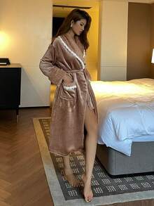 DAZY Women's Textured Fleece Thick Long Fluffy Cozy Robe With Contrast Color Oversized Collar, Winter - Brown - View 10