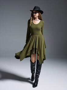 MYSTAURA Women's Solid Color Long Sleeve Asymmetric Hem Casual Mid-Length Dress - Green - View 1