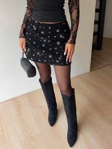 Siren Gaze Váy mini vải tuýt sequin thời trang thu đông đa năng mới - màu đen - Xem 1