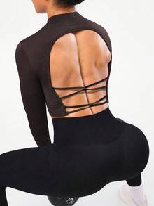 SHEIN Sports 女式纯色露背十字交叉设计长袖修身运动T恤 - 咖啡棕 - 查看 4