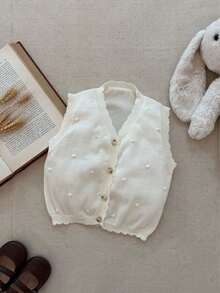 Blossori Chaleco de punto con botones delanteros elegante francés para niñas bebé en otoño/invierno - Blanco - Ver 3
