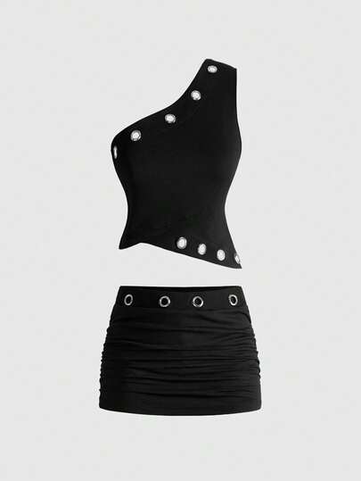 ROMWE Avant Women's Y2K Solid Color Grommet Decor Sleeveless Crop Top And Pleated Bodycon Mini Skirt Sexy 2 Pieces Set
