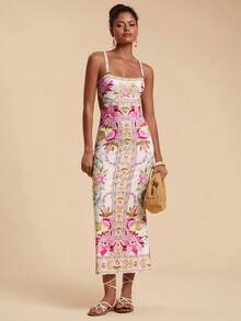 Travachic 女士花卉印花修身优雅细肩带连衣裙，适合度假穿着 - 彩色 - 查看 2