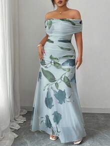 Modelyn 大码女式网眼印花露肩荷叶边连衣裙，优雅派对装 - 藍色 - 查看 5