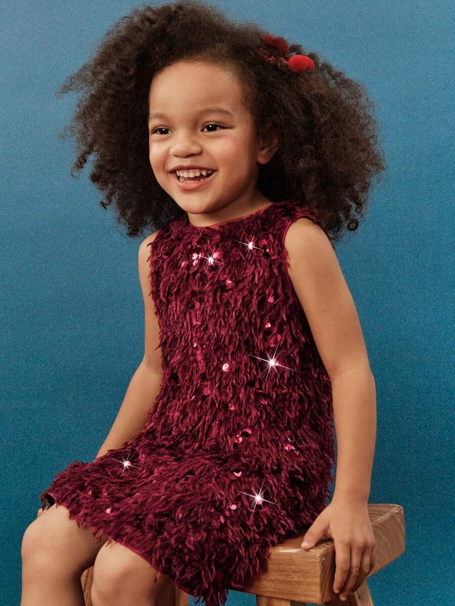 Maija Kids Maija Kids 年轻女孩亮片和人造毛皮蝴蝶结装饰圆领无袖优雅连衣裙 - 酒紅色 - 查看 1