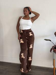 Tyla Gomez Women's Casual Cartoon Bear Pattern Drawstring Waist Teddy Fleece Long Pants, Autumn/Winter - Mocha Brown - View 6